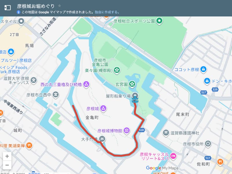 彦根城屋形船の遊覧コースのマップ