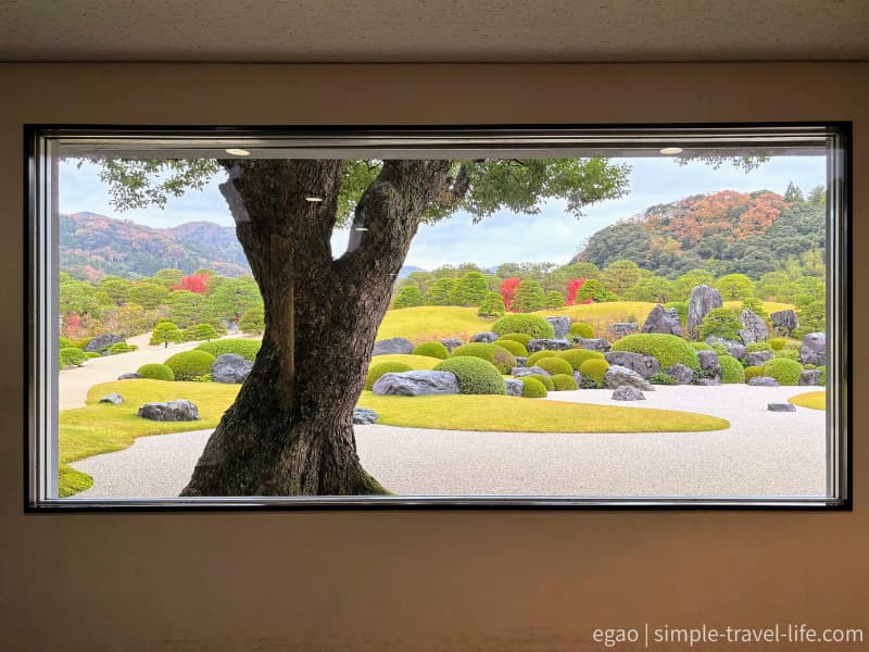 館内の窓越しの初秋の色の枯山水の庭園の様子