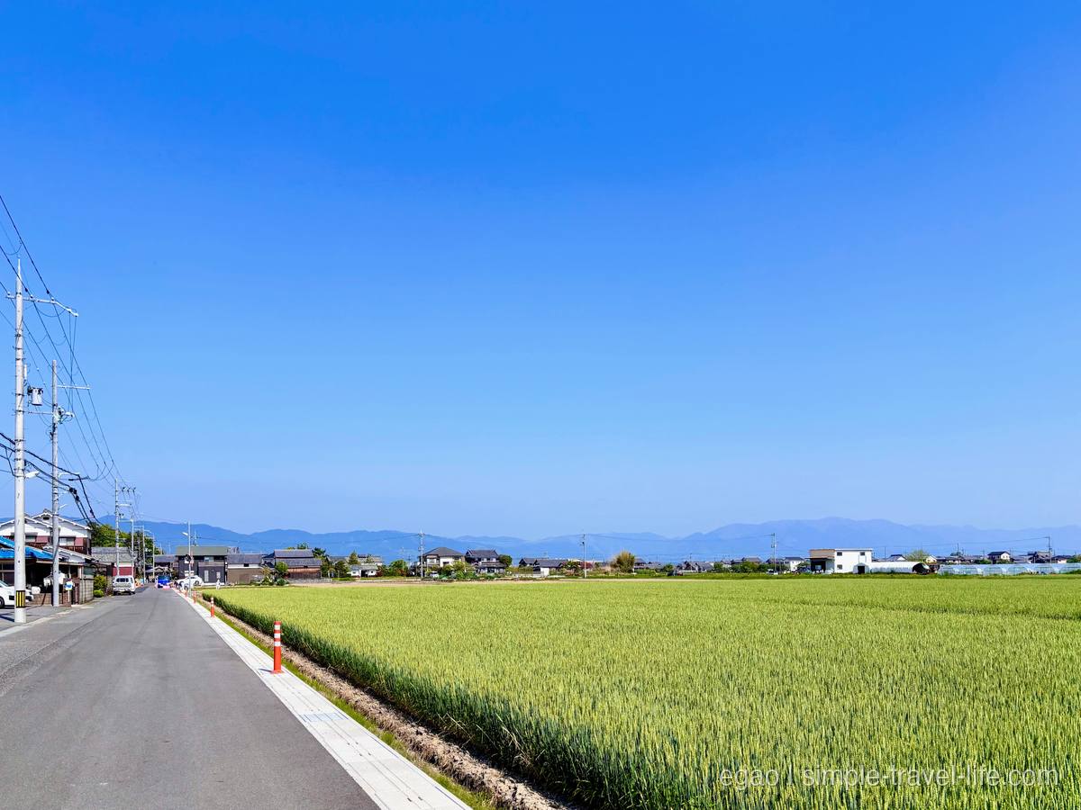 快晴の空の下、一面の田園風景が広がる北大萱バス停からの道