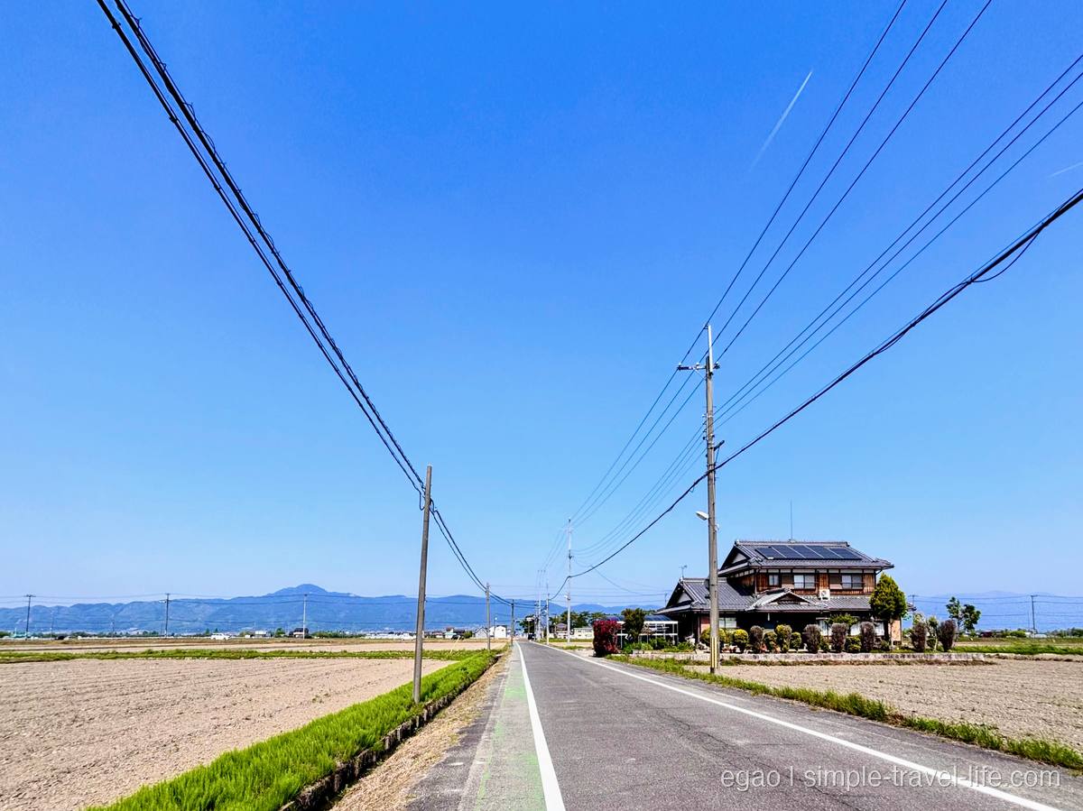 快晴の空の下、田んぼの中をまっすぐ伸びる志那神社への道
