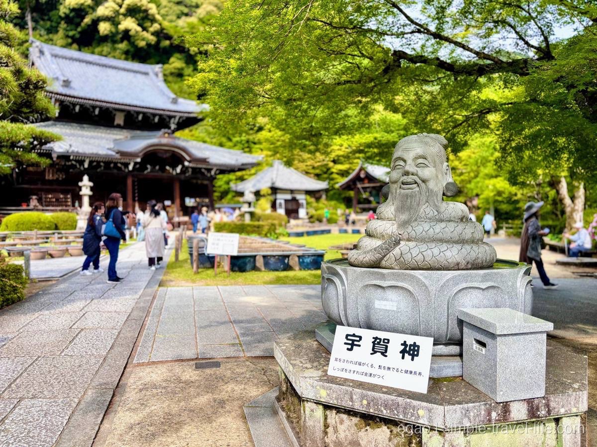 三室戸寺の宇賀神像と背景の本堂