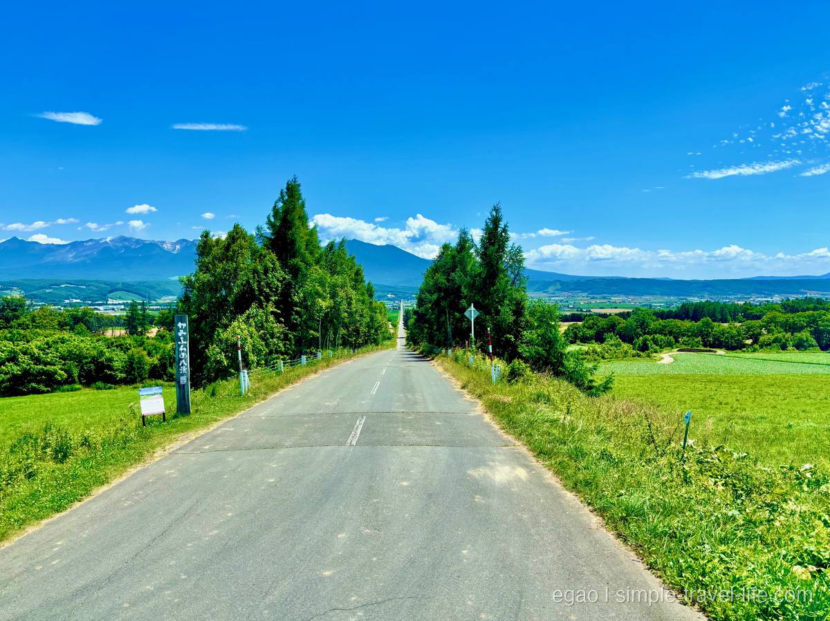 まっすぐ延びる二車線の道路と、左手に立つ「かみふらの八景」の木の標柱。正面奥に山並み