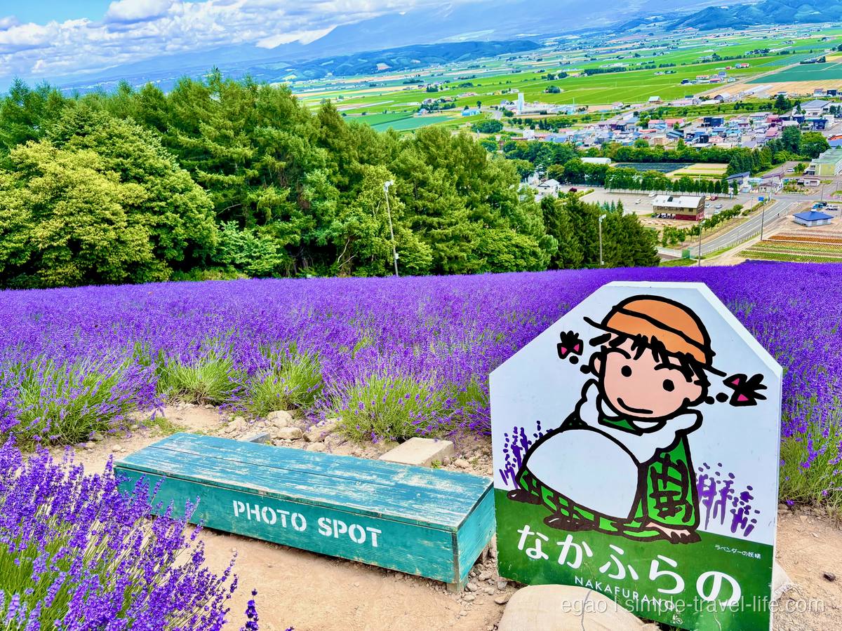 「PHOTO SPOT」と書かれた緑のベンチと、麦わら帽子の妖精が描かれた「なかふらの」の看板。背後は紫のラベンダー畑と町並み