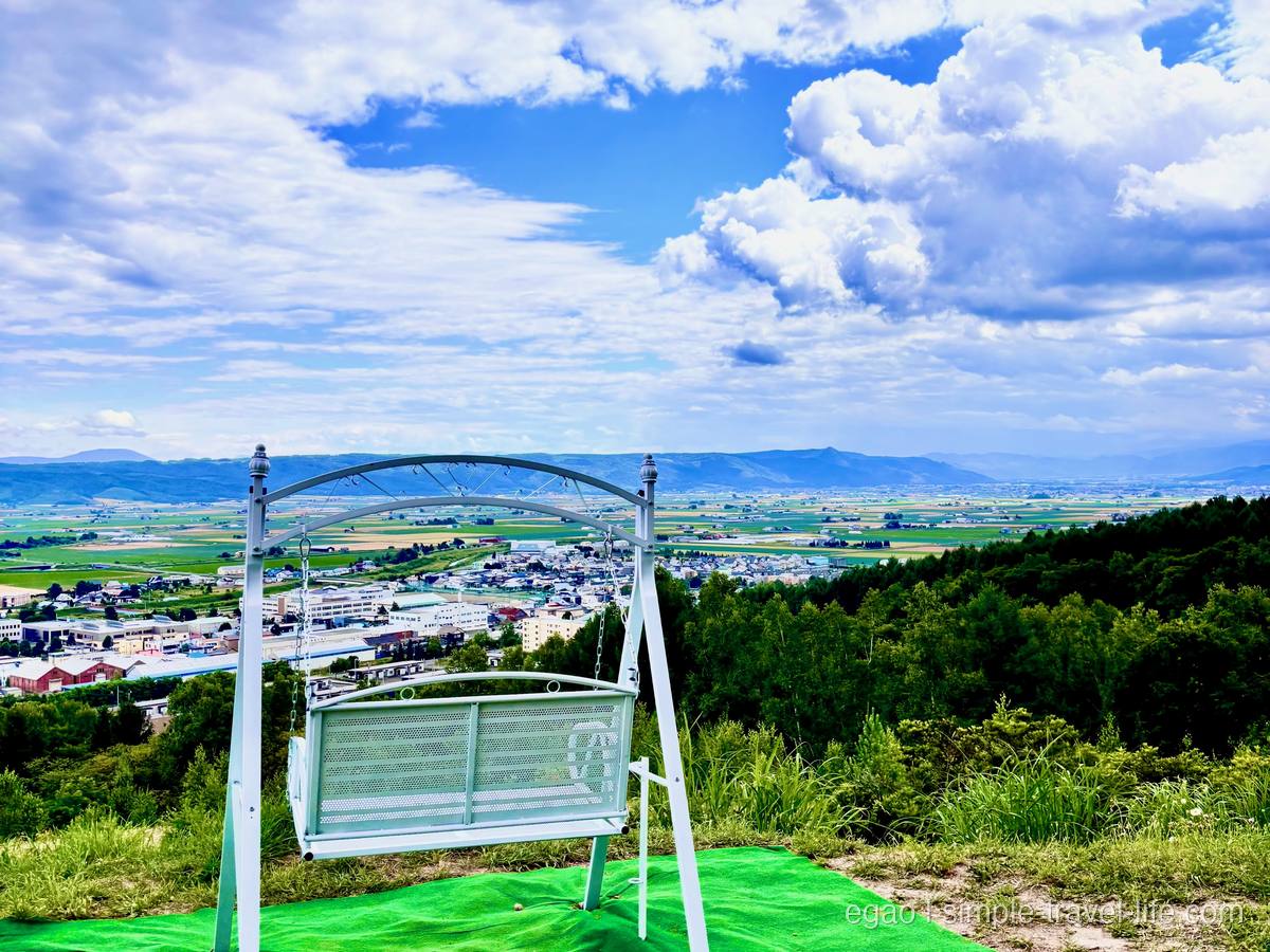 山頂の芝生に置かれた白いブランコ。その先に町並みと田園が広がり、右手は緑の木々、空に白い雲