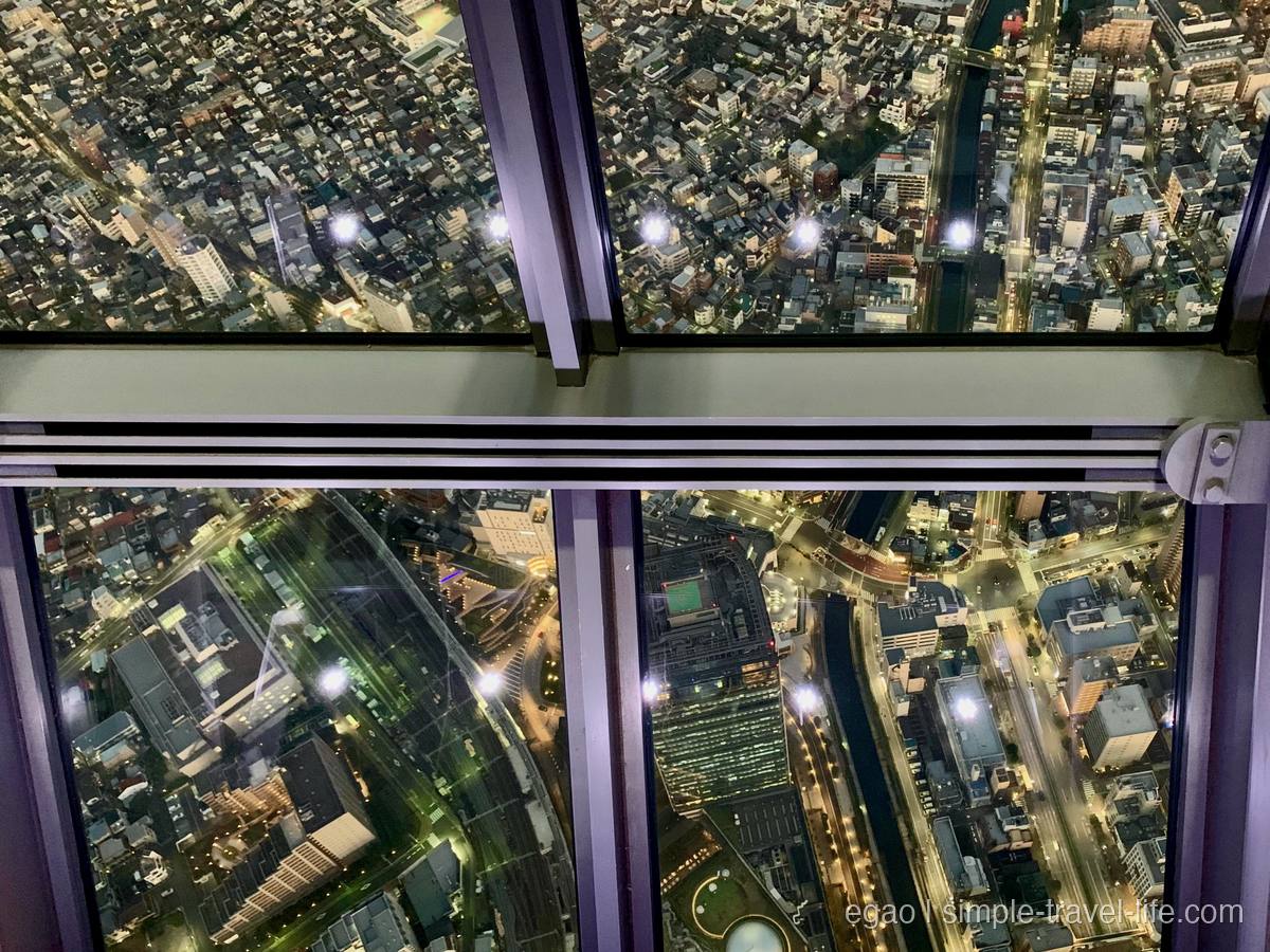ガラス張りの床越しに真下を見下ろした、明かりのともった街並みと川、道路