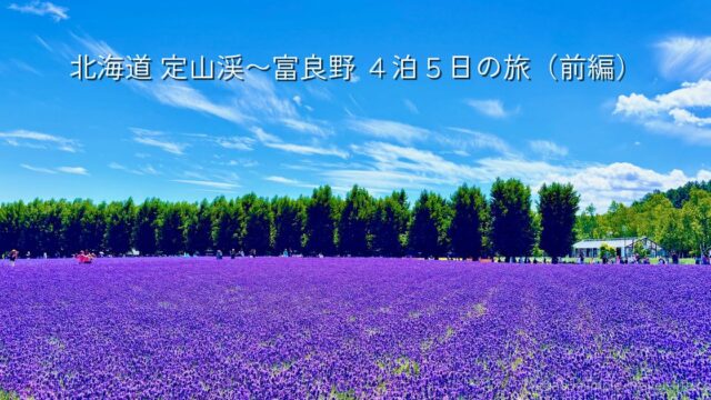 一面に咲きそろった紫のラベンダー畑と、奥に並ぶ緑の防風林、青空。上部に「北海道 定山渓〜富良野 4泊5日の旅（前編）」の文字