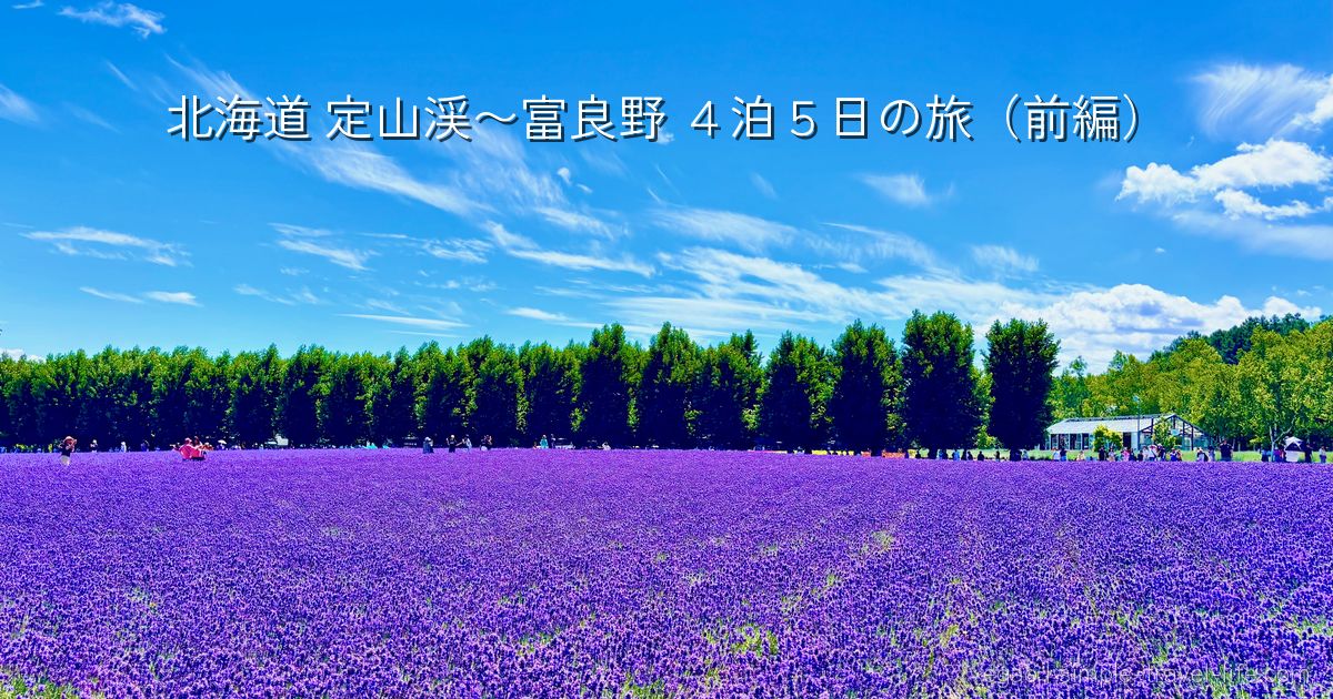 一面に咲きそろった紫のラベンダー畑と、奥に並ぶ緑の防風林、青空。上部に「北海道 定山渓〜富良野 4泊5日の旅（前編）」の文字