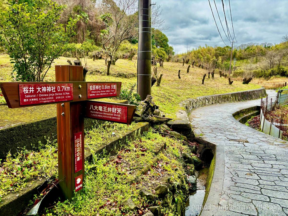 山の辺の道の木の道標。桜井 大神神社0.7km、桧原神社0.8kmと書かれている